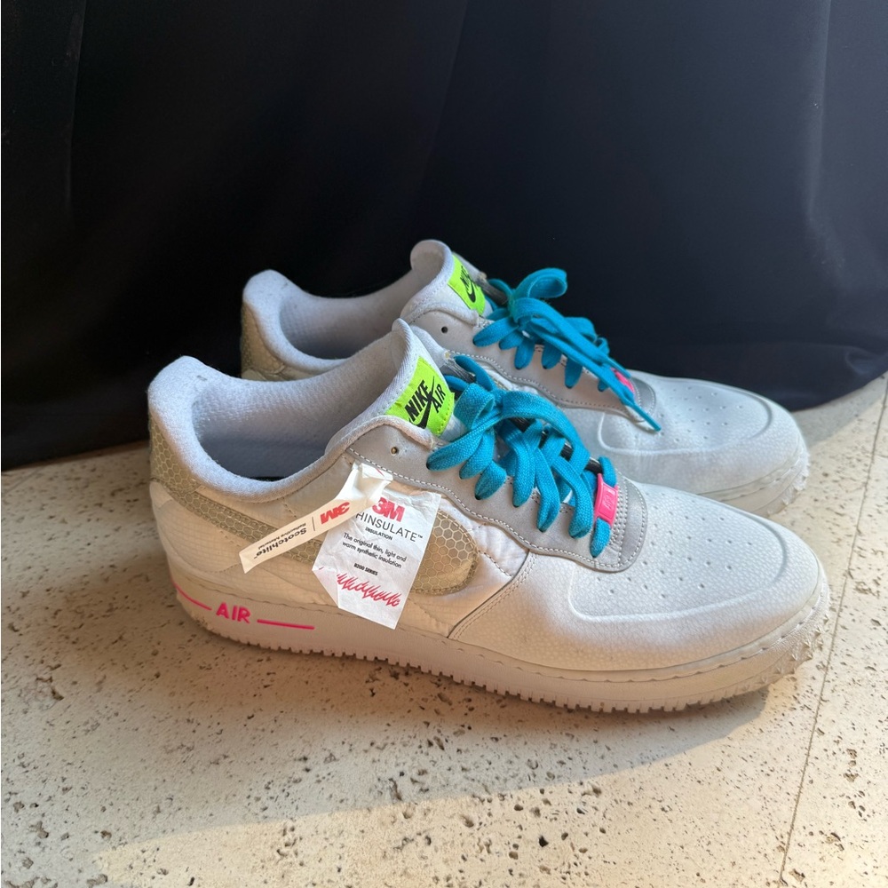 Nike Air Force One men’s 13 Sneakers in White with Blue and Pink Accents